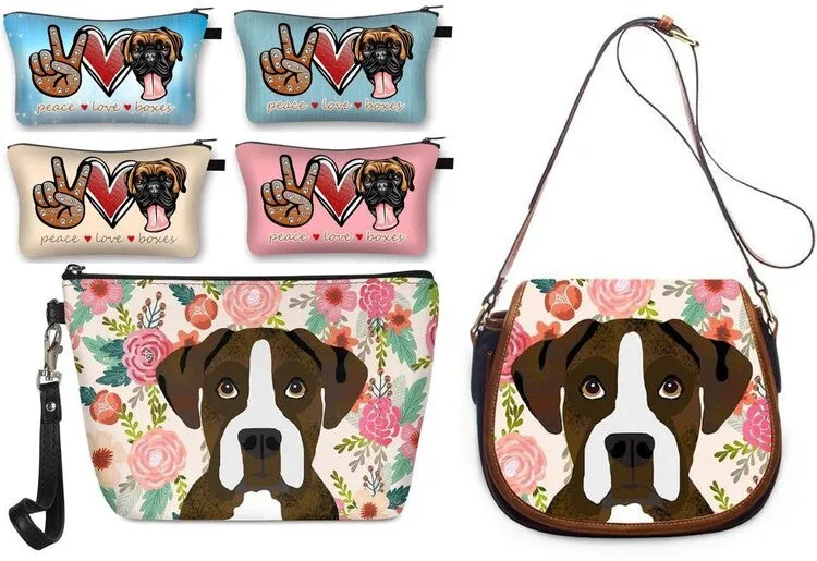 A selection of Boxer dog themed bags, including makeup pouches and messenger bags