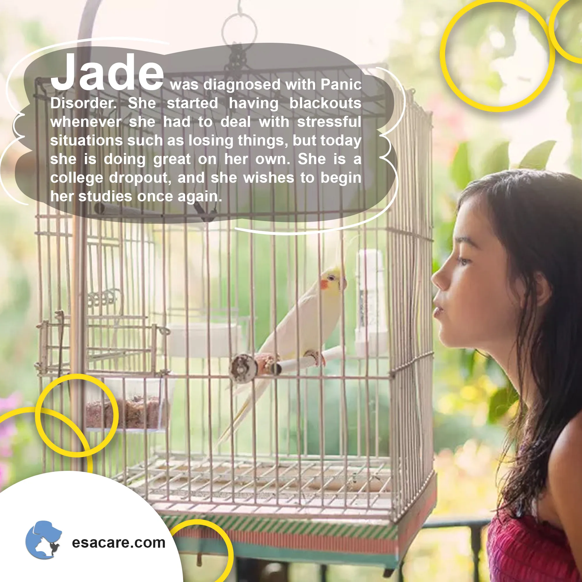 A small, colorful bird perched on a woman's finger, symbolizing comfort and a calming presence.