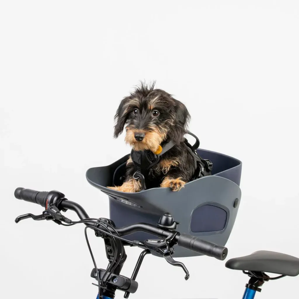 A small dog comfortably seated in a Kvisp front dog bike carrier in midnight gray, showing its handlebar-mounted design ideal for cycling in the UK.