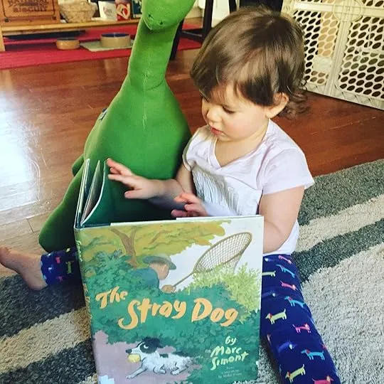 A small, scruffy brown dog looking intently, with a family picnicking in the background.