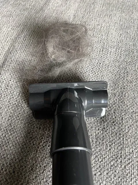 A vacuum cleaner with an upholstery attachment cleaning a grey fabric couch