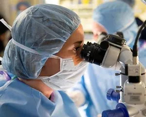 A veterinary ophthalmologist performing an eye examination on a dog to assess its suitability for canine cataract surgery near me.
