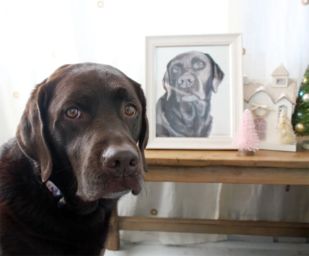 A watercolor-style portrait of a dog, capturing its gentle expression.
