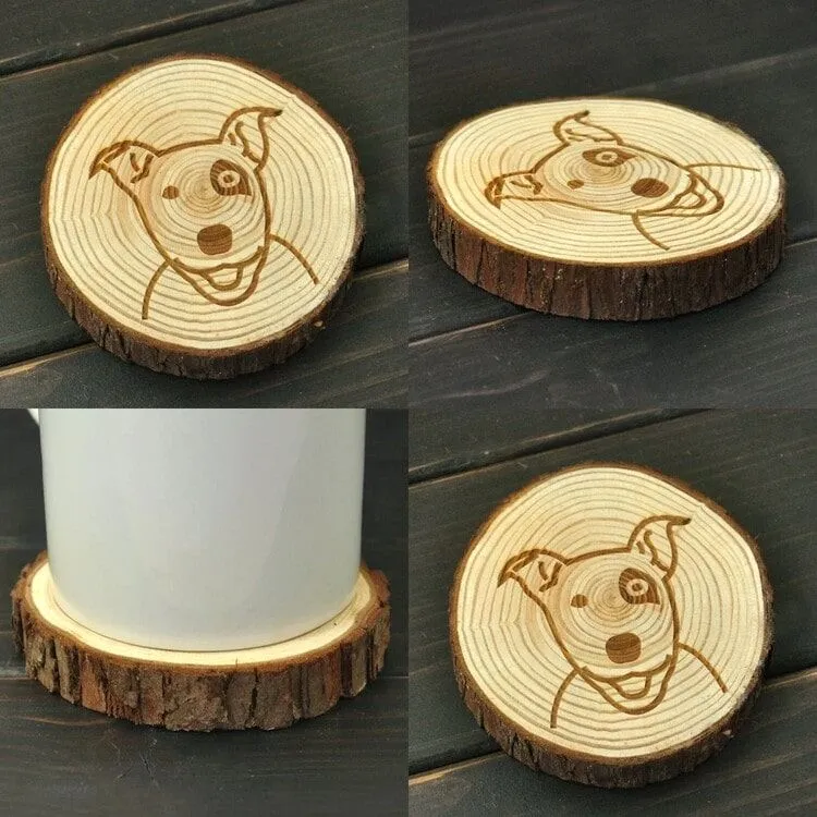 A wood-engraved Bull Terrier coaster.