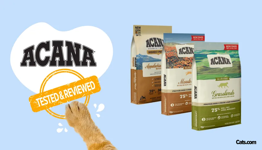 Acana cat food products and packaging showcasing various flavors