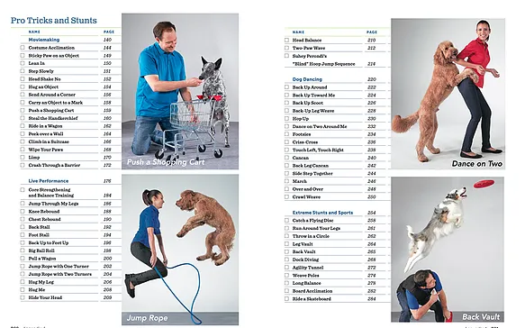 Advanced and pro level dog tricks for performances, included in a comprehensive dog trick training book