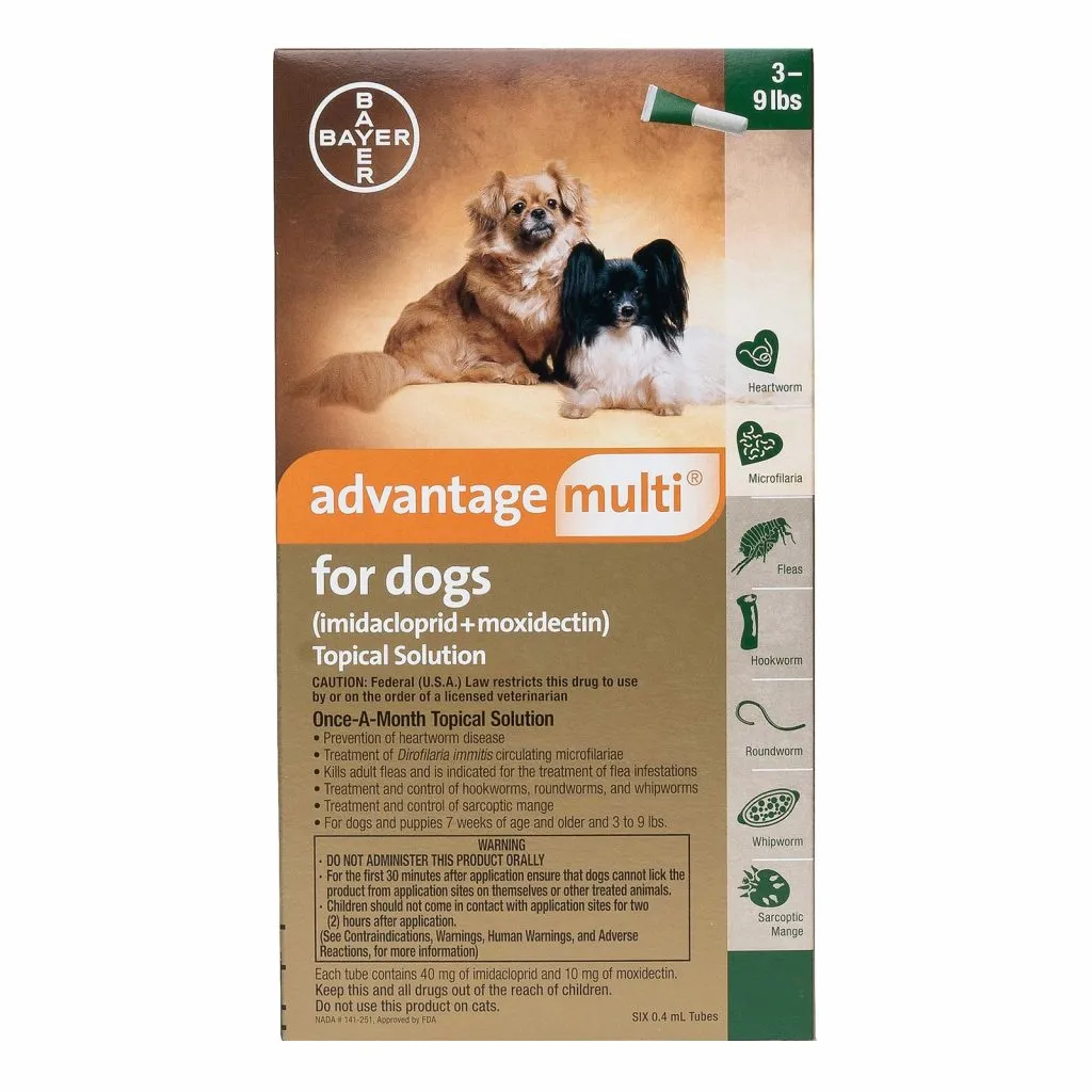 Advantage Multi (Advocate) topical solution for comprehensive flea, heartworm, and intestinal parasite control.