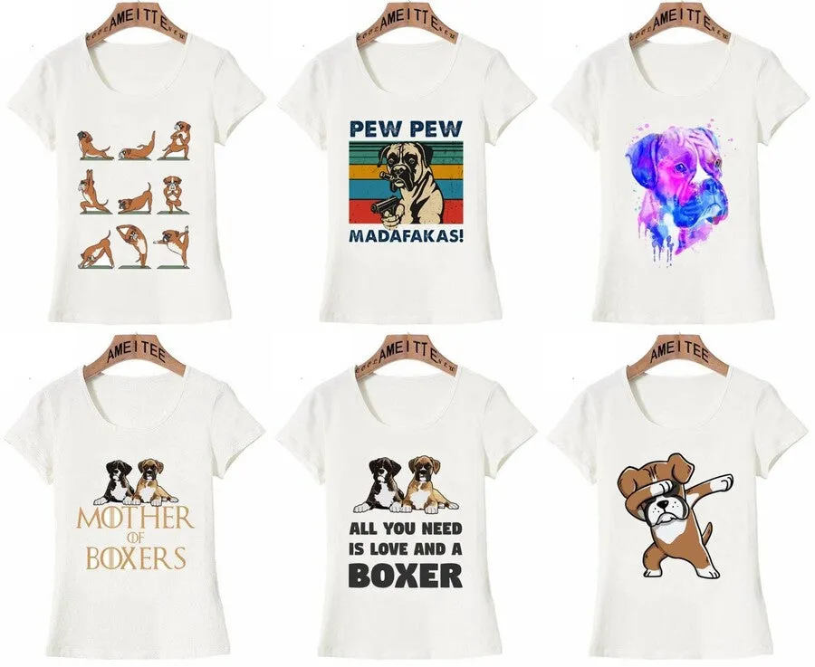 An array of fashionable Boxer dog t-shirts designed for Boxer moms and dog lovers
