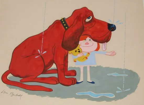 An early illustration of Clifford the Big Red Dog, with a small girl sheltering from rain under his huge head.