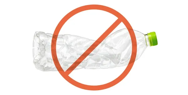 An empty plastic water bottle, a tempting but hazardous chew toy for dogs that can cause cuts or blockages.