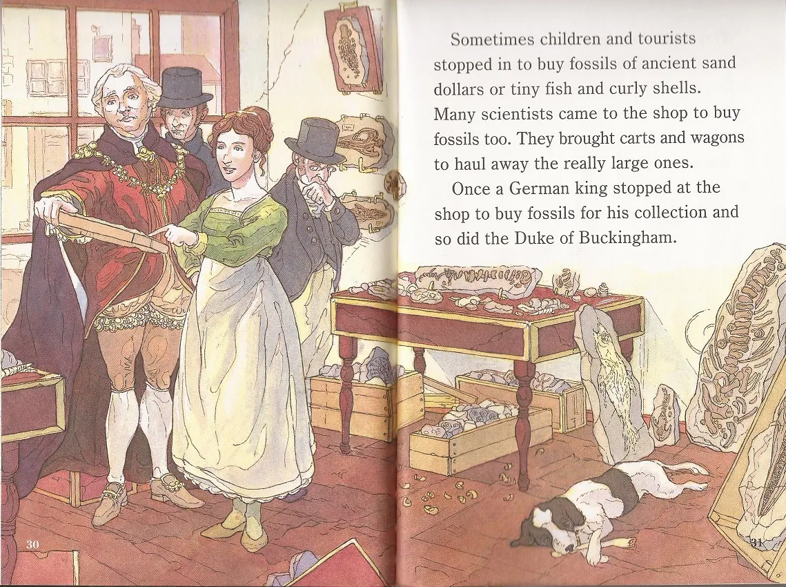 An illustration depicting Mary Anning's fossil shop on the Jurassic Coast, a hub for groundbreaking paleontological discoveries, possibly showing the visit of the King of Saxony from 'The Dog Who Dug for Dinosaurs'