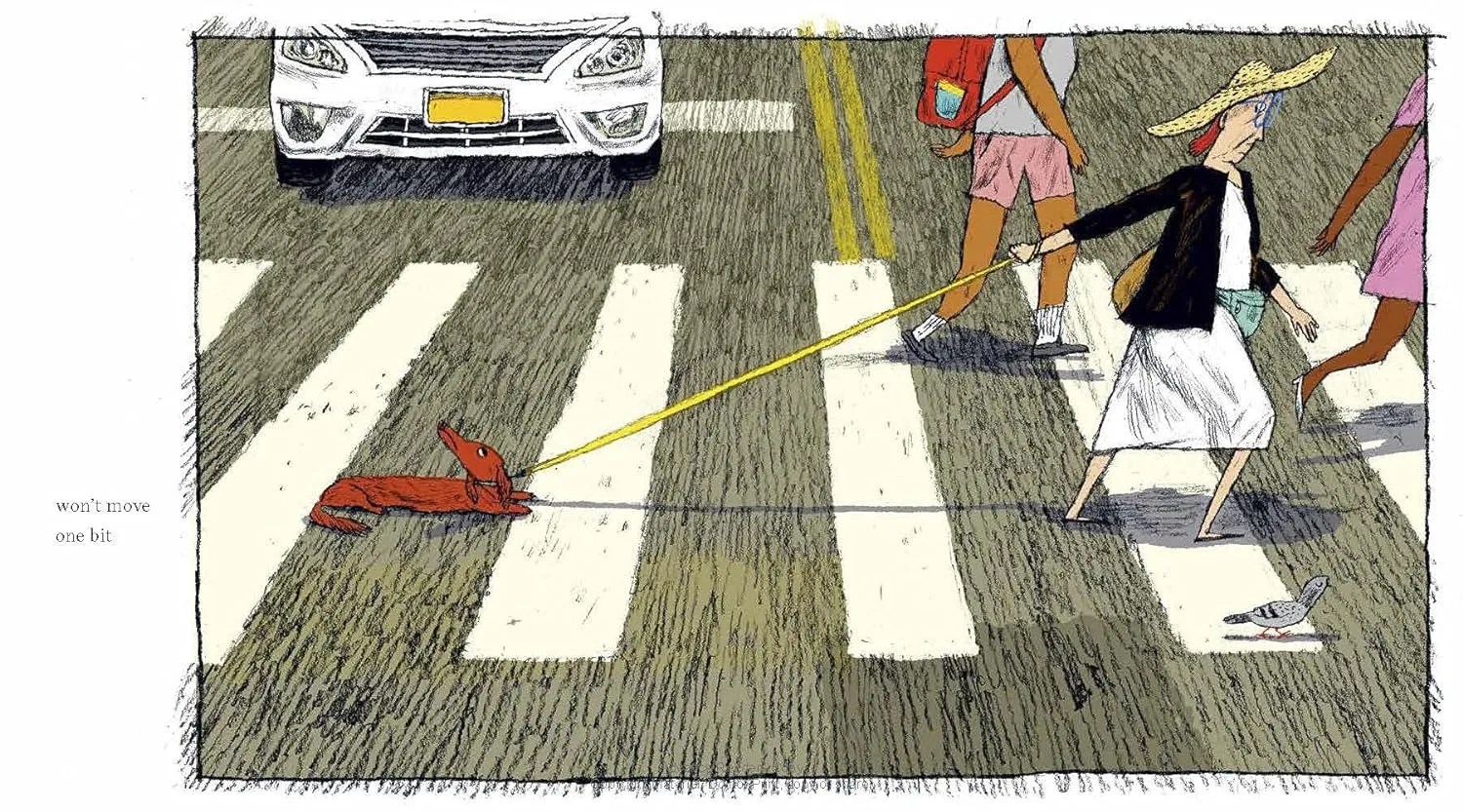 An illustration from Doug Salati's "Hot Dog" showing a stressed hot dog in a busy, noisy urban environment with cars and pedestrians.