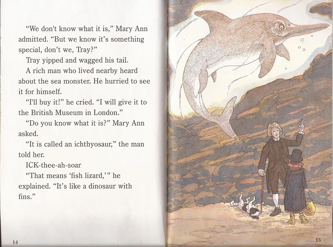 An illustration from 'The Dog Who Dug for Dinosaurs' showing Mary Anning presenting her first Ichthyosaurus fossil discovery to a male buyer, highlighting a point of historical contention