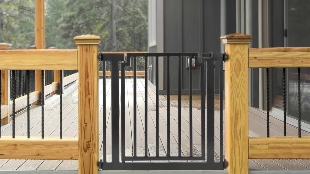 An image showcasing various outdoor dog gates installed on a deck, porch, and stairs.