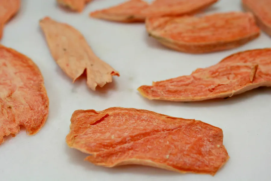 Assorted sizes of sweet potato slices on an air fryer rack, illustrating how to prepare different thicknesses for varied dog chew textures.