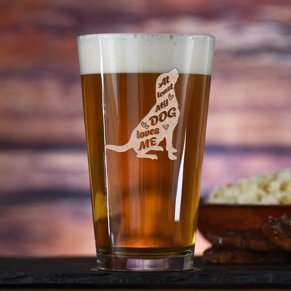 At Least My Dog Loves Me Pint Glass, a humorous Christmas present from dog to dad