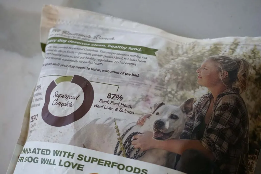 Badlands Ranch Superfood Complete bag prominently displaying its 87% meat content claim