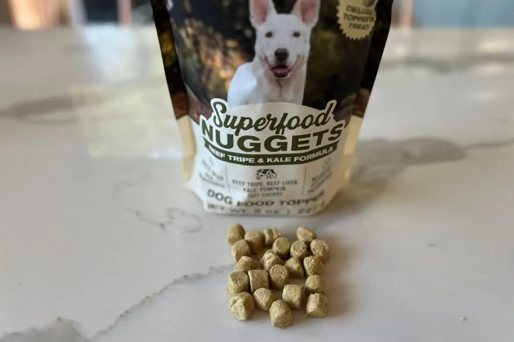 Badlands Ranch Superfood Nuggets bag, designed as a meal topper for dogs
