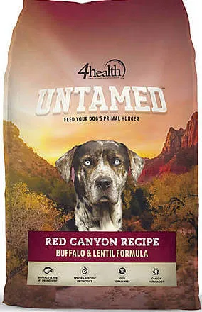 Bag of 4Health Untamed Red Canyon Recipe dry dog food, highlighting grain-free and natural ingredients
