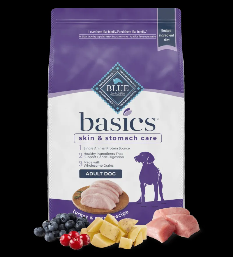 Bag of BLUE Buffalo Basics Turkey and Potato Small Breed dry dog food, featuring a deboned turkey illustration.