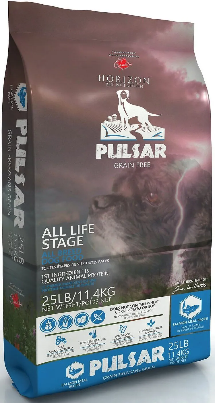 Bag of Horizon Pulsar Grain Free Salmon Meal Dry Dog Food, central to Horizon Pulsar dog food reviews