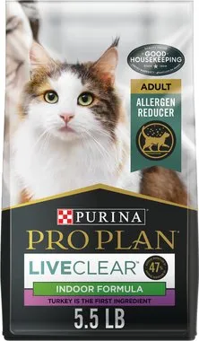 Bag of Purina Pro Plan LiveClear Adult Indoor Formula Dry Cat Food.