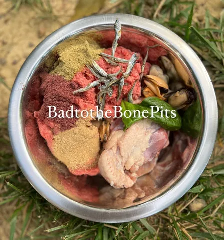 Balanced raw meal for Pitbull with ground beef, chicken back, spinach, and supplements