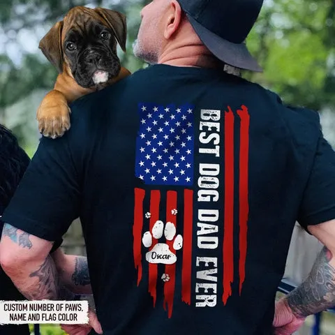 Best Dog Dad Ever shirt with American flag and paw print, a proud Christmas present from dog to dad