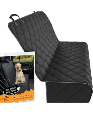 Black Active Pets fabric bench dog seat cover providing waterproof protection for a car's back seat.