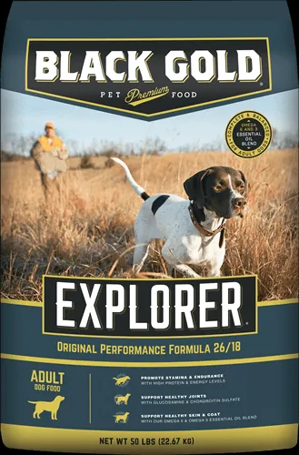 Black Gold Explorer Performance Formula 50lb bag dry dog food with a 5-star rating.