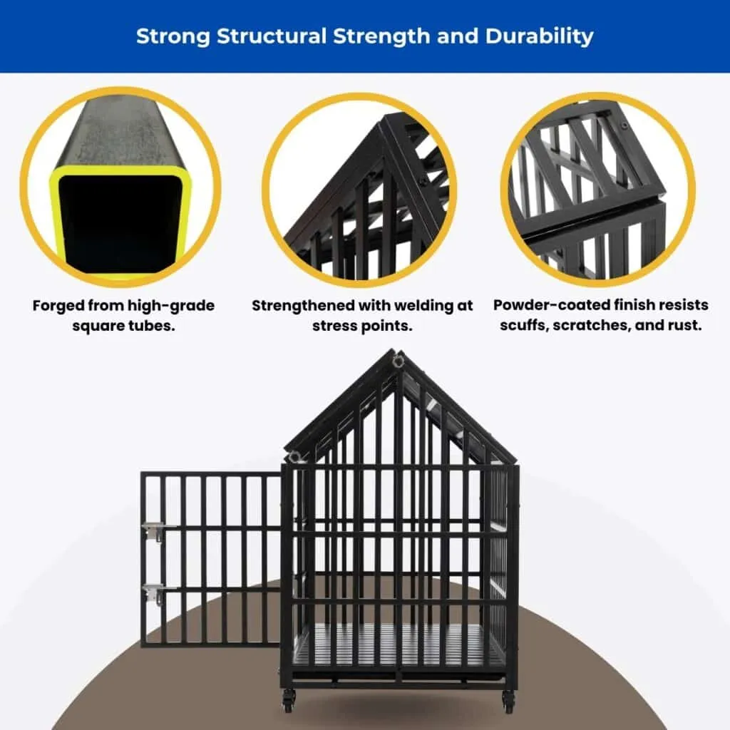 black house-shaped metal dog crate with pitched roof, shown with insets highlighting welded joints, thick square tubing, and powder-coated finish for durability.