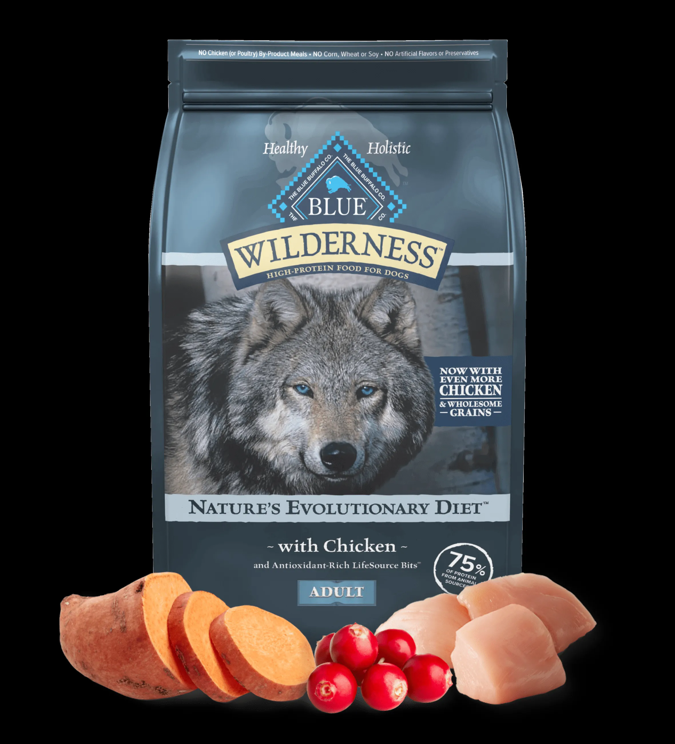 Blue Buffalo Wilderness Wholesome Grains Chicken recipe, a highly-rated dog food option reviewed by Dog Food Advisor