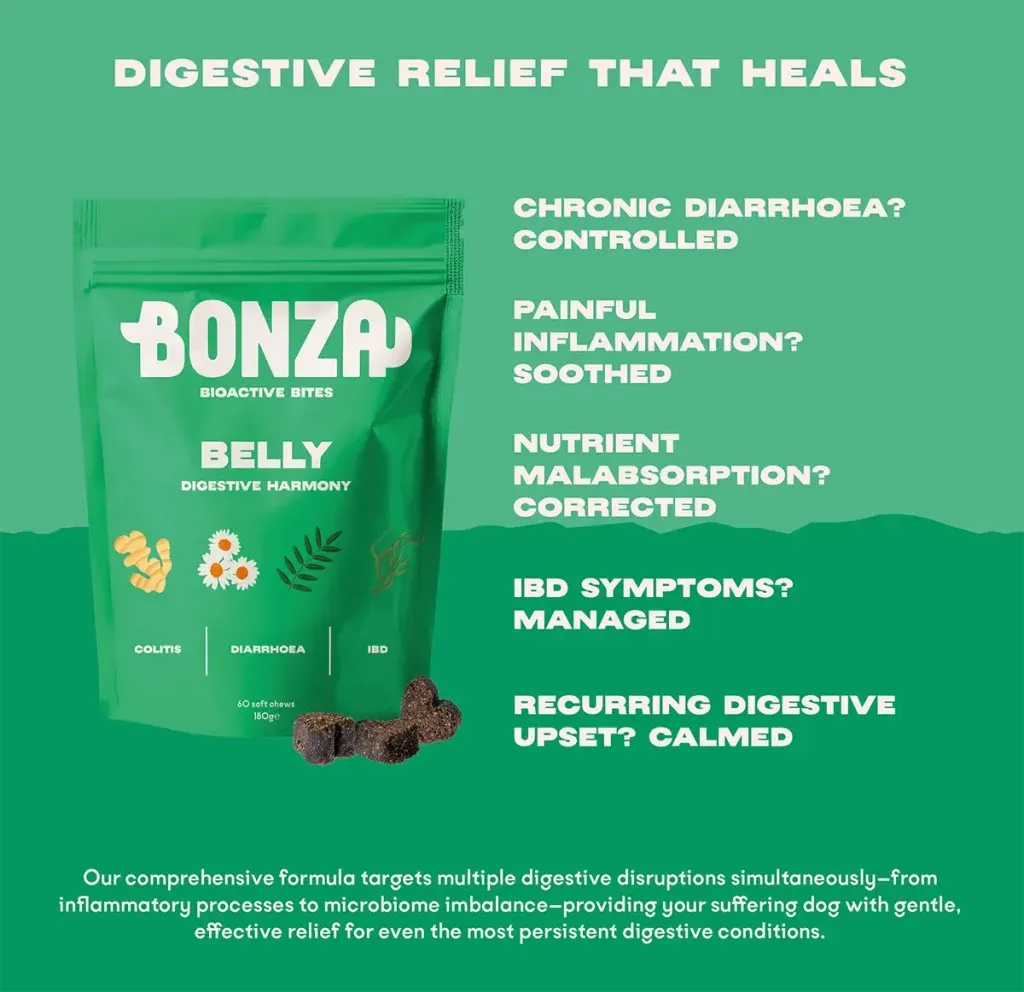 Bonza Belly Bioactive Bites Digestive Supplement for Dogs IBD Colitis IBS Diarrhoea and Gastritis Effective Relief