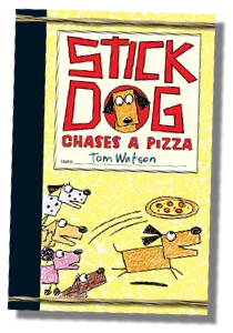 Book cover for Stick Dog Chases a Pizza, depicting the adventurous canine group pursuing a flying pizza slice.