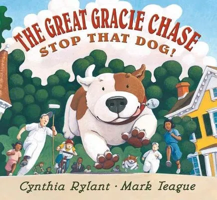 Book cover for 'The Great Gracie Chase' by Cynthia Rylant, showing Gracie, a white dog, excitedly running through a town with people chasing her in a playful, chaotic scene.