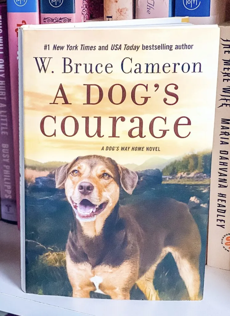 Book cover of A Dog's Courage by W. Bruce Cameron, featuring a golden retriever and a mountain lion cub in a forest fire