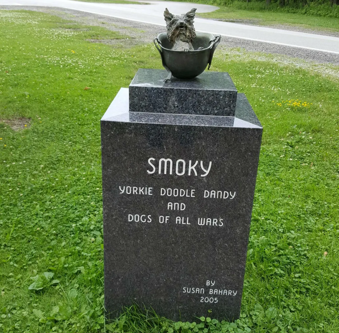 Bronze statue of Smoky the war dog, a small terrier in a helmet, situated in Cleveland Metroparks' Rocky River Reservation