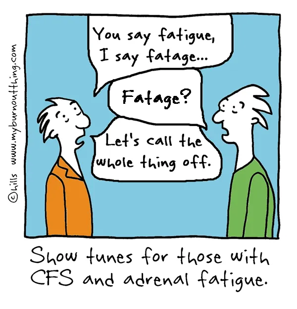 Cartoon illustrating a tired and fatigued dog walker struggling with daily tasks due to compassion fatigue.