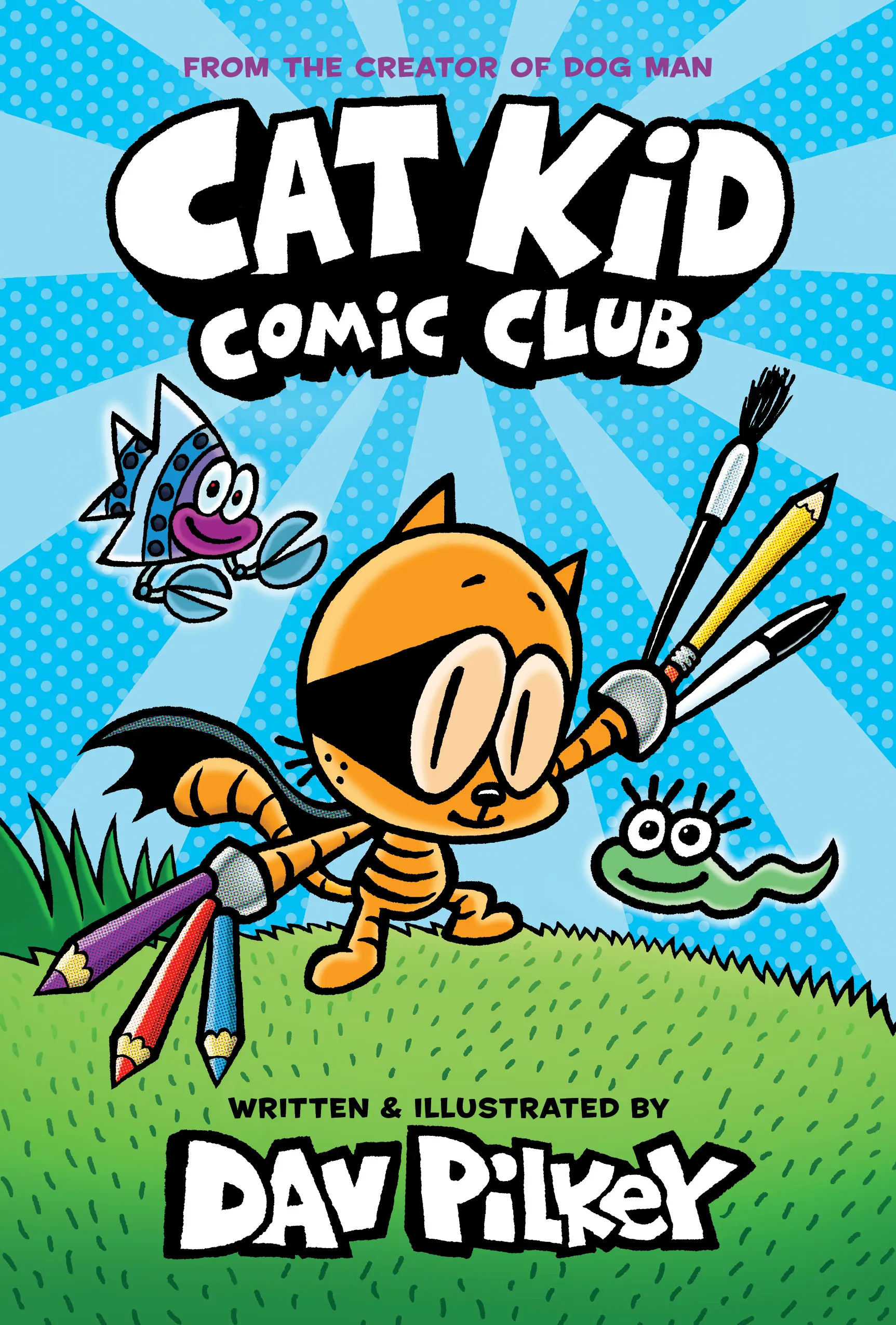 Cat Kid, Lil' Petey, and their frog friends engaged in a collaborative comic creation session from the Cat Kid Comic Club.
