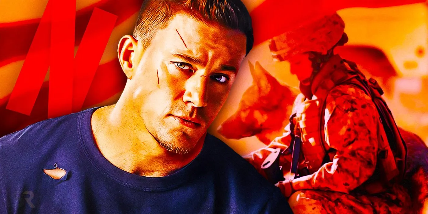 Channing Tatum as Jackson Briggs and Lulu the military dog sharing a moment in the film Dog.