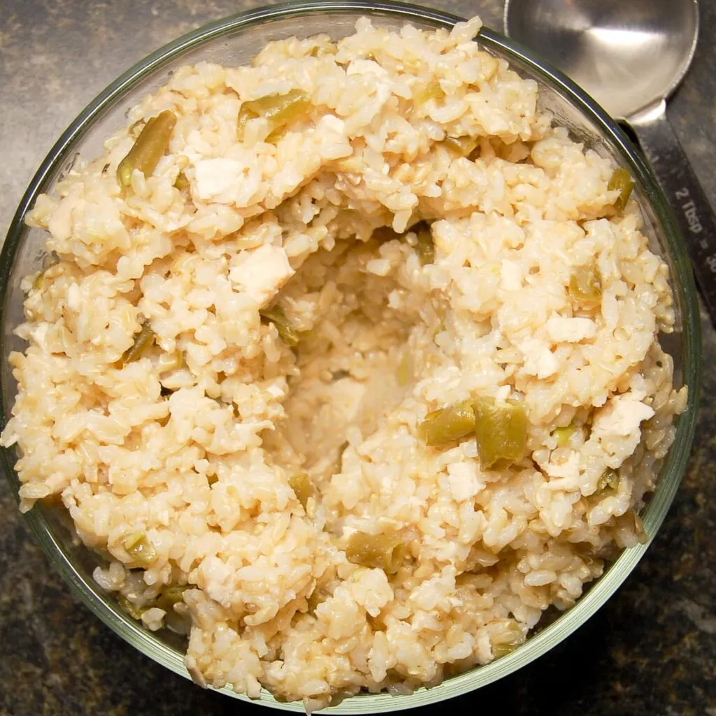 Chicken and rice for dogs in a glass bowl with a crater formed in the middle for faster cooling