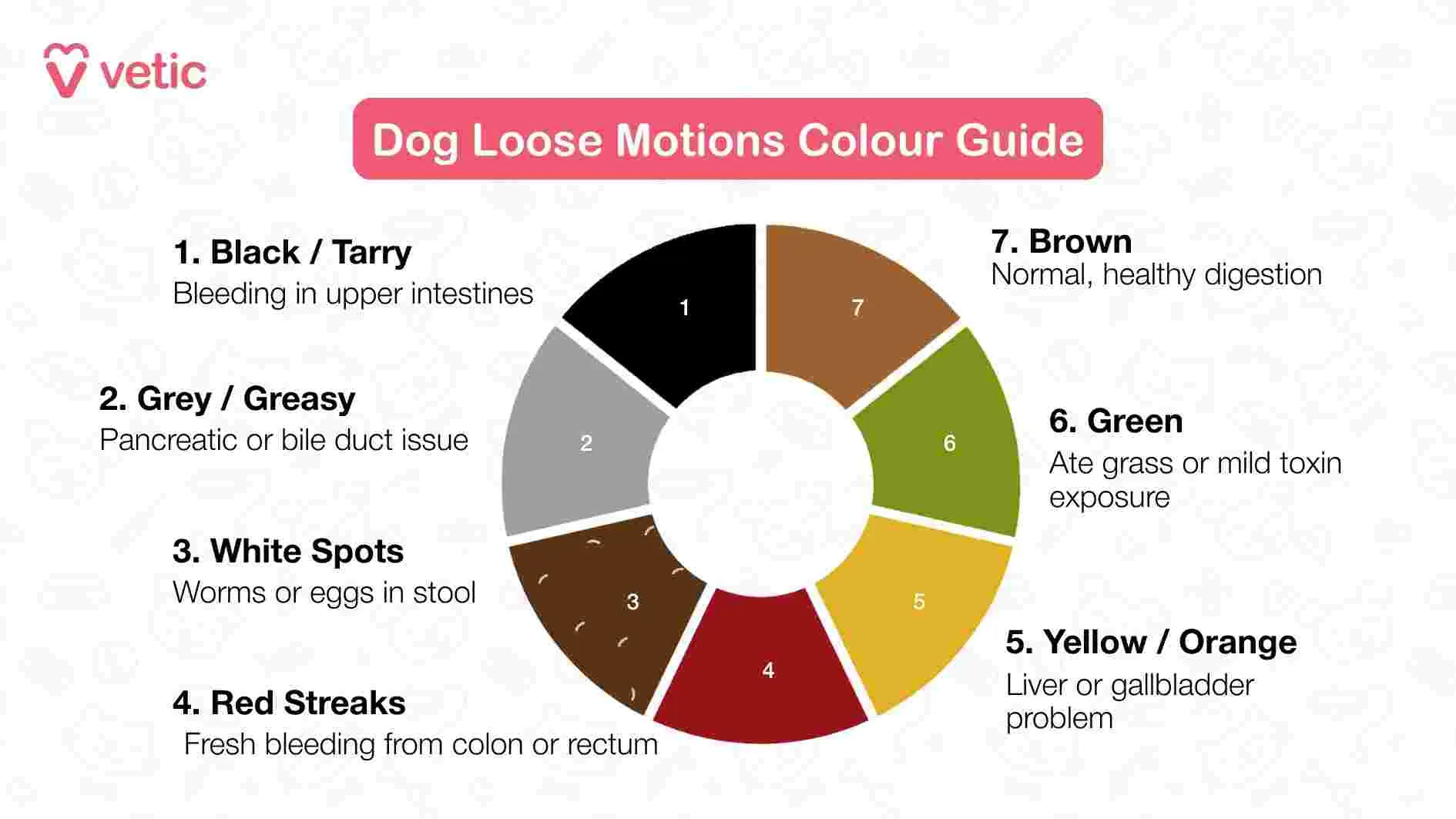 Circular chart explaining what different dog poop colors mean for health, from normal brown to black tarry stools
