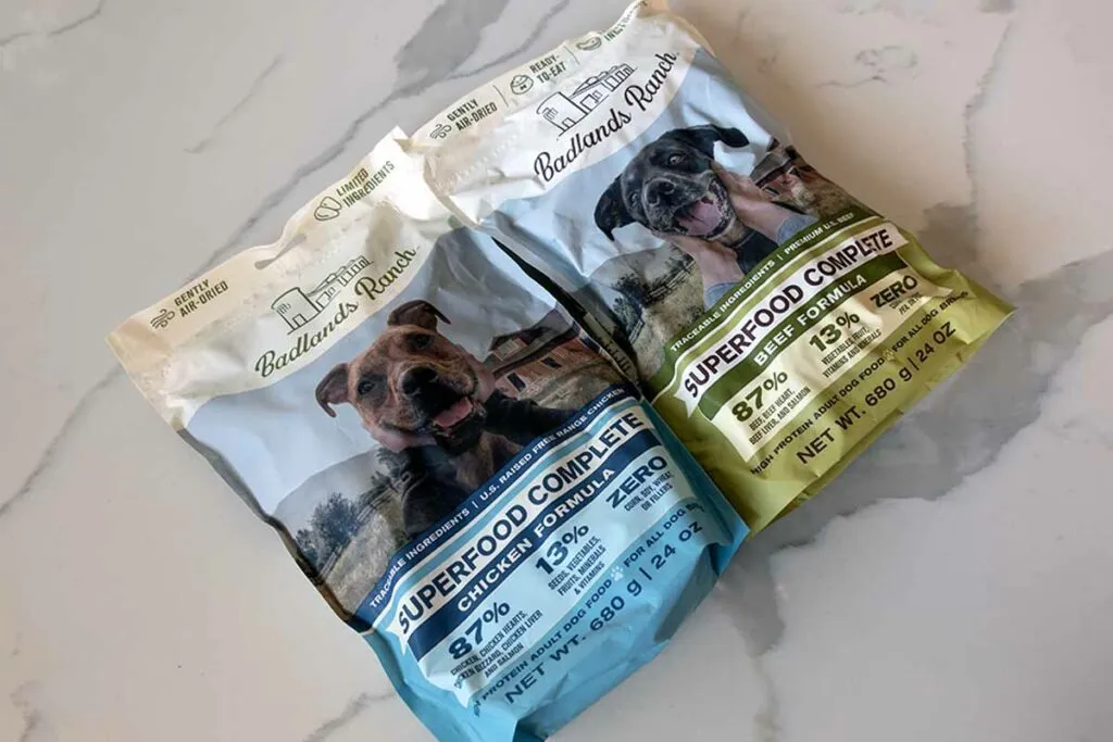 Close-up of Badlands Ranch air-dried dog food kibbles showcasing human-grade quality