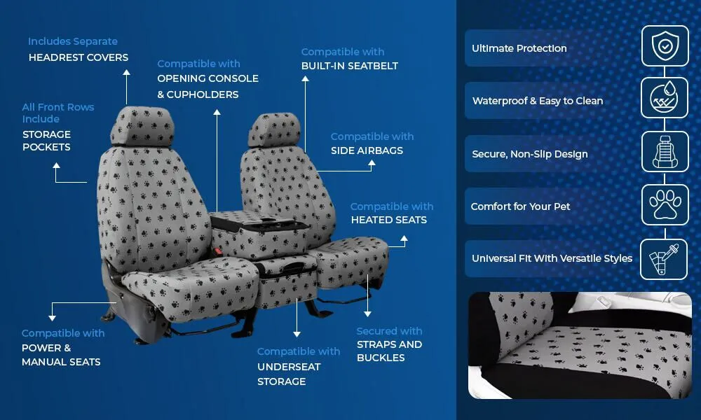 Close-up of durable Jeep paw print seat cover fabric with visible paw pattern, protecting a vehicle interior.