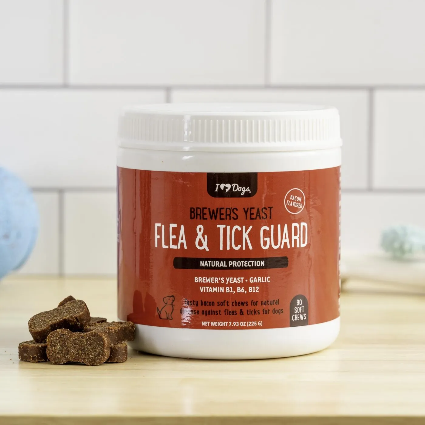 Close-up of iHeartDogs natural flea and tick guard chews, highlighting internal protection for your husky's wellness.