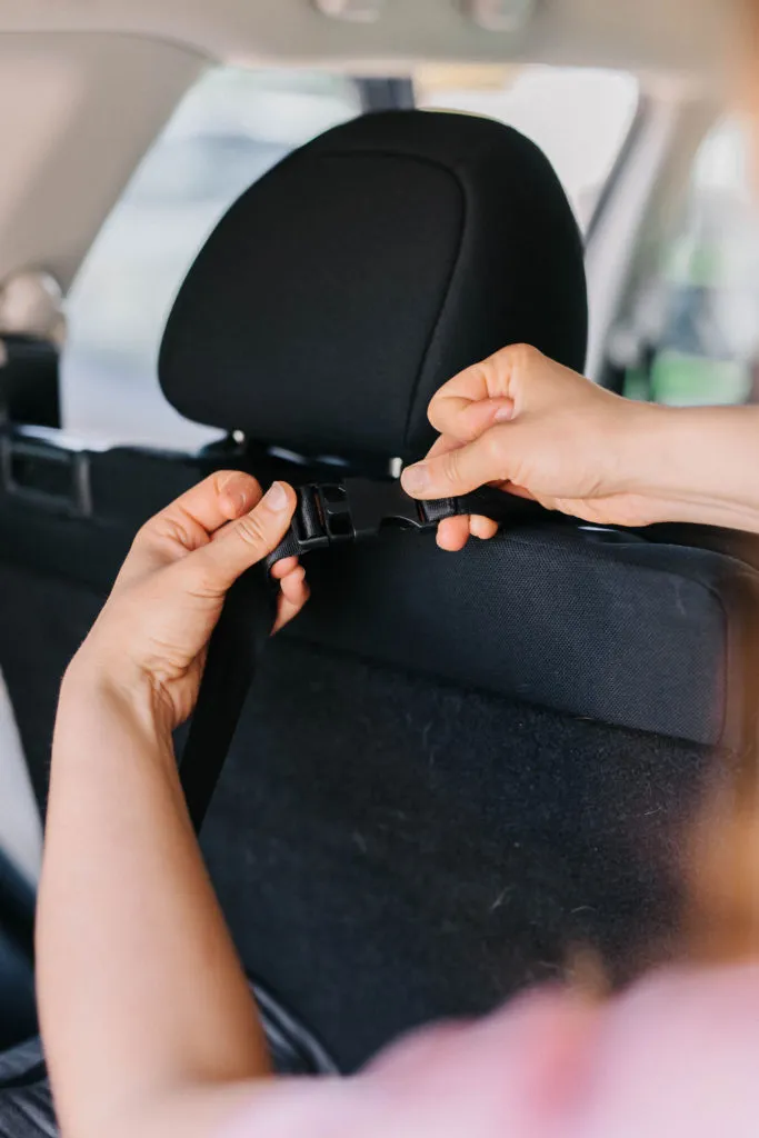 Close-up of the adjustable buckle on the DGS Pet car seat cover, designed for easy installation and removal.