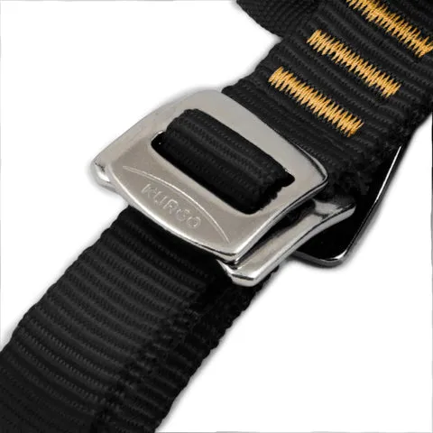 Close-up of the robust all-steel buckle on the Kurgo dog seat belt harness