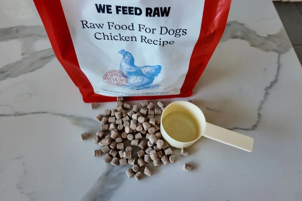 Close-up of We Feed Raw freeze-dried dog food kibble