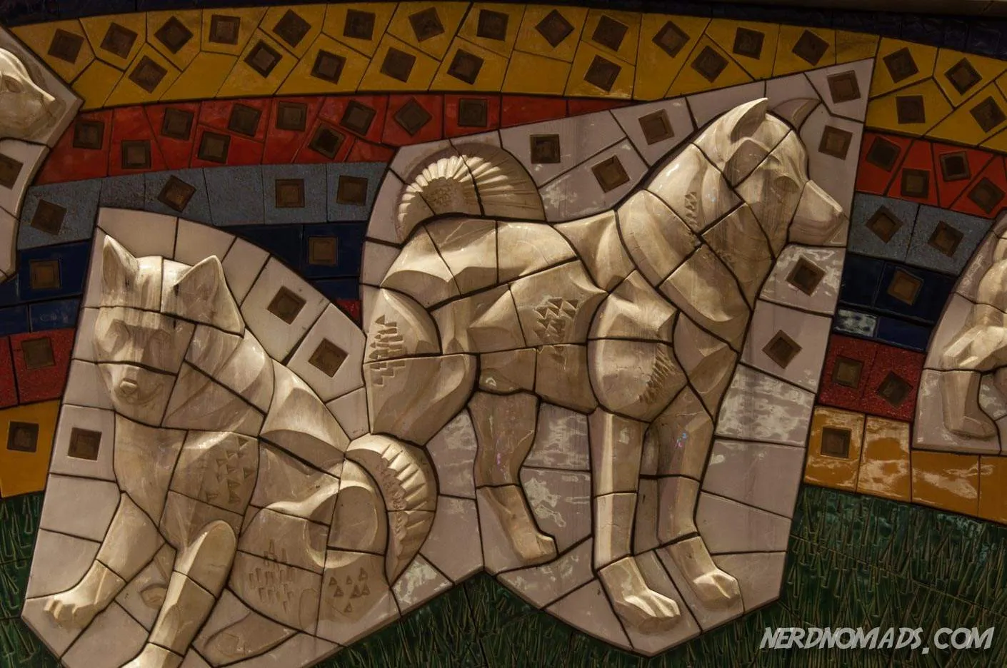 Close-up view of the mosaic artwork, revealing the intricate details that form the image of Hachiko