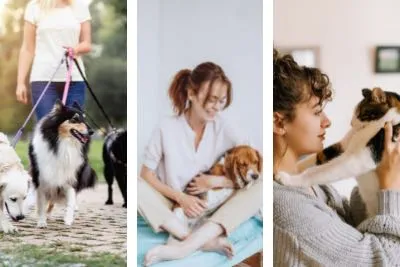 Collage of a person walking several dogs, a pet sitter smiling with a dog, and a female pet sitter holding a cat